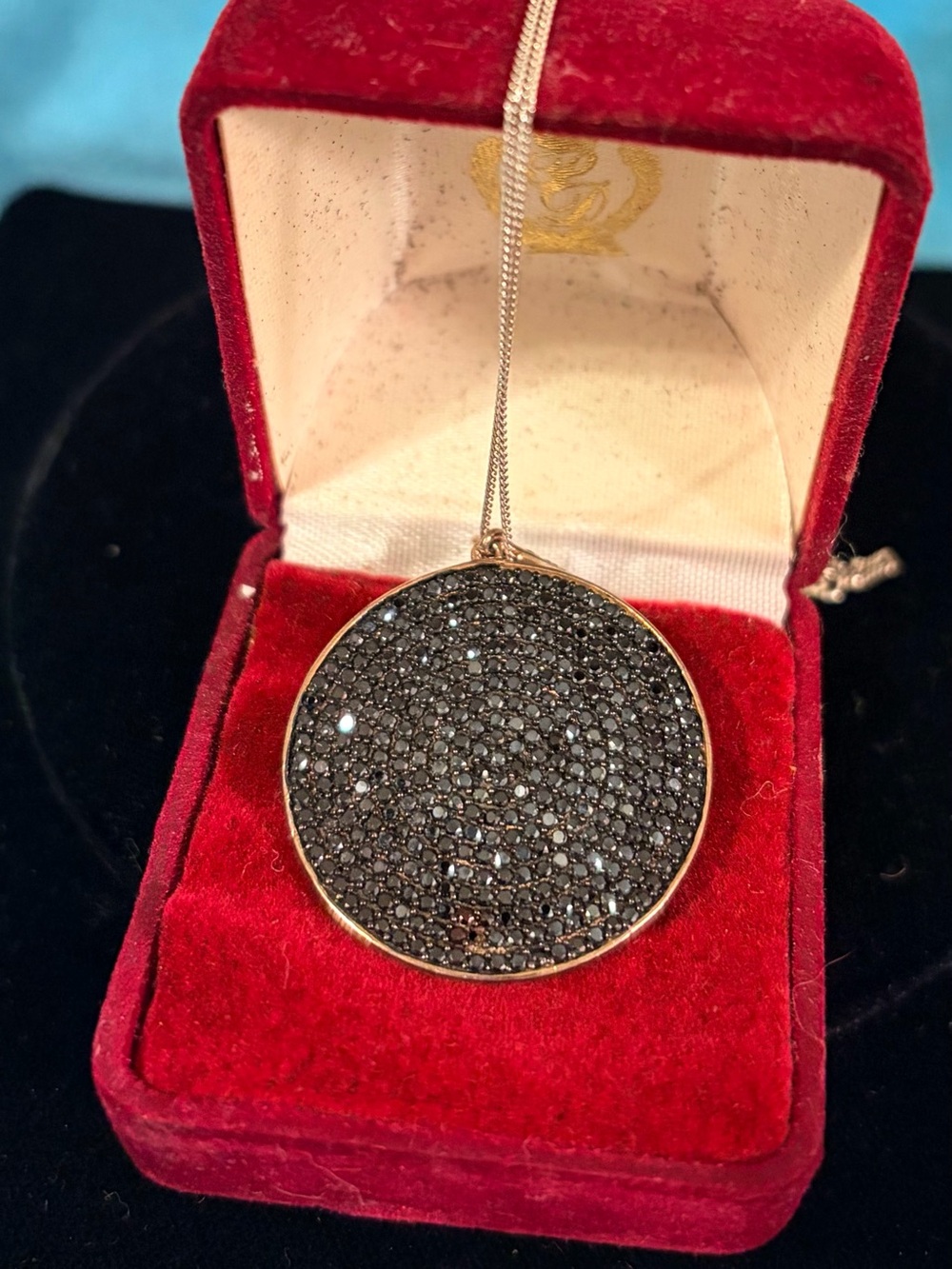Sterling Silver Round Gold Pendant Necklace with Black Stones- Womenโs Jewelry